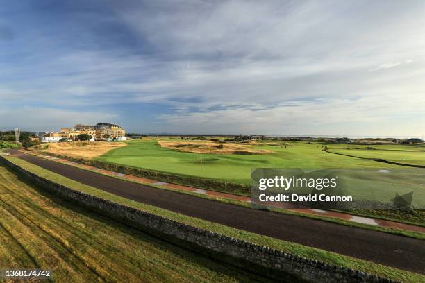 General view from over the wall behind the green on the par 4, 17th hole on The Old Course at St Andrews on August 14, 2021 in St Andrews, Scotland.