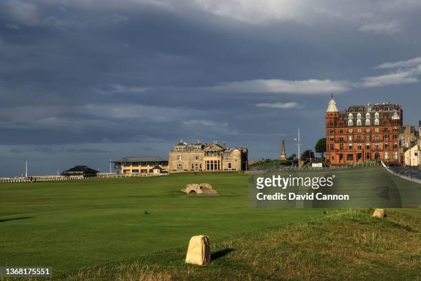 General view from the tee on the par 4, 18th hole with Royal and Ancient Golf Club clubhouse in the distance behind the green on The Old Course at St...