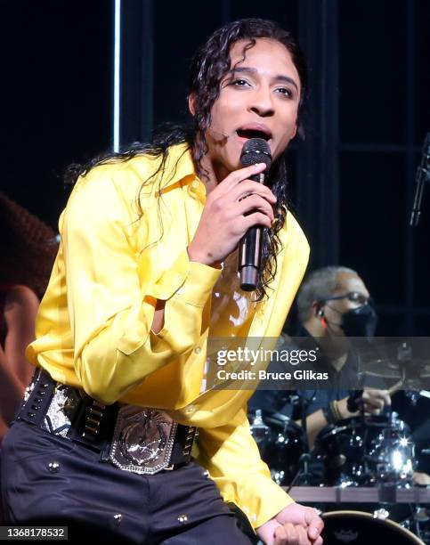 Myles Frost performs onstage during the opening night curtain call for "MJ" The Michael Jackson Musical at Neil Simon Theatre on February 01, 2022 in...