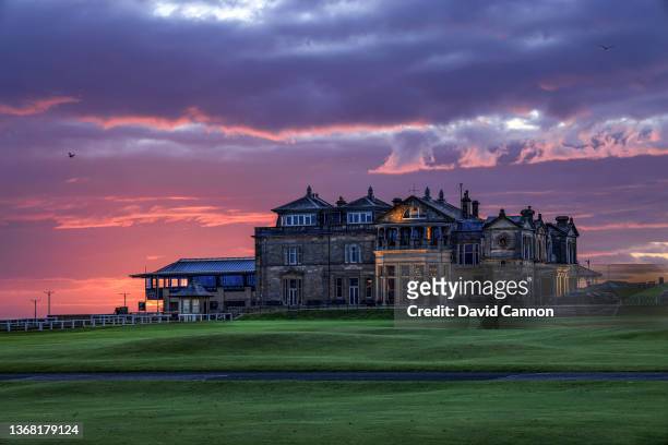General view of The Royal and Ancient Golf Club of St Andrews clubhouse at sunrise on The Old Course at St Andrews on August 14, 2021 in St Andrews,...
