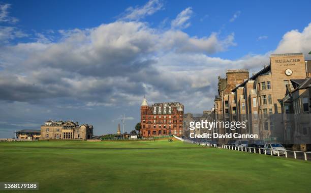 General view of the approach to the green on the par 4, 18th hole with Royal and Ancient Golf Club clubhouse in the distance behind the green on The...