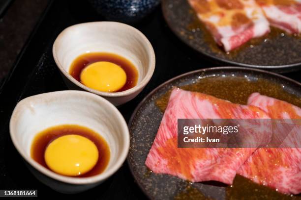 closeup on original japanese high quality kobe beef with york sauce - kobe japan stock pictures, royalty-free photos & images
