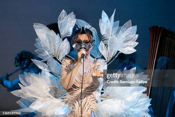 Bjork performs onstage during her 'Cornucopia' tour at Shrine Auditorium and Expo Hall on February 01, 2022 in Los Angeles, California.