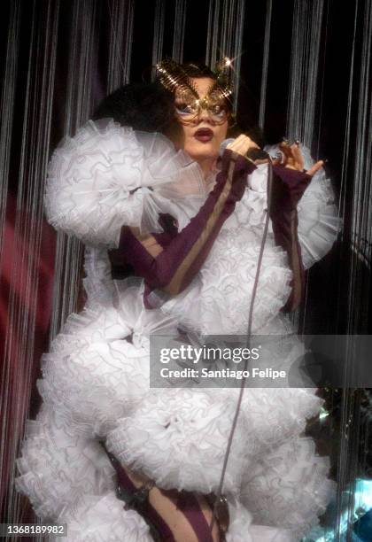 Bjork performs onstage during her 'Cornucopia' tour at Shrine Auditorium and Expo Hall on February 01, 2022 in Los Angeles, California.