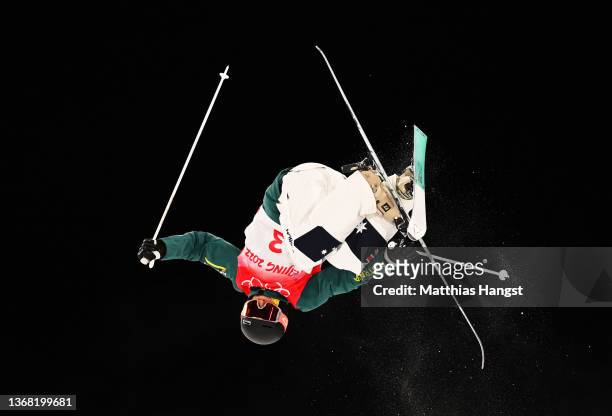 Jakara Anthony of Team Australia performs a trick during the Woman's Freestyle Skiing Moguls training session ahead of Beijing 2022 Winter Olympic...