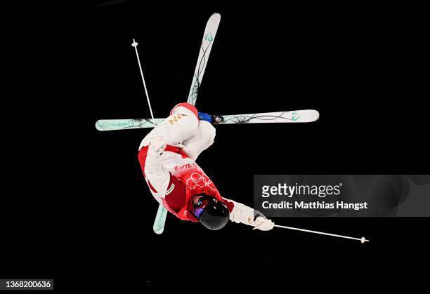 Daichi Hara of Team Japan performs a trick during the Men's Freestyle Skiing Moguls training session ahead of Beijing 2022 Winter Olympic Games at...