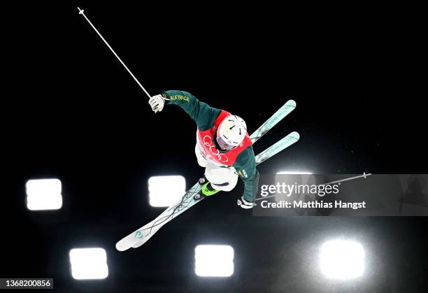 Brodie Summers of Team Australia performs a trick during the Men's Freestyle Skiing Moguls training session ahead of Beijing 2022 Winter Olympic...