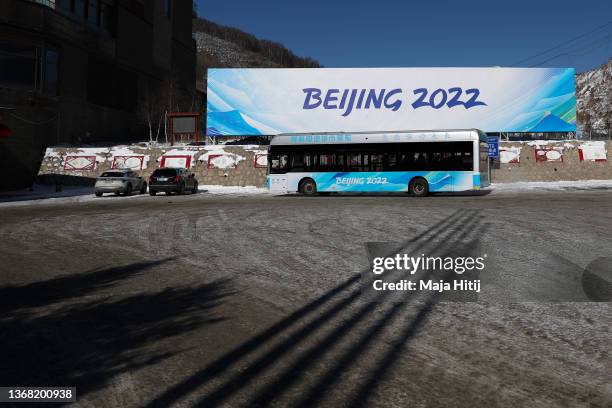 Bus stands at ZPC, Mountain Z Zone Press centre, on February 02, 2022 in Zhangjiakou, China.