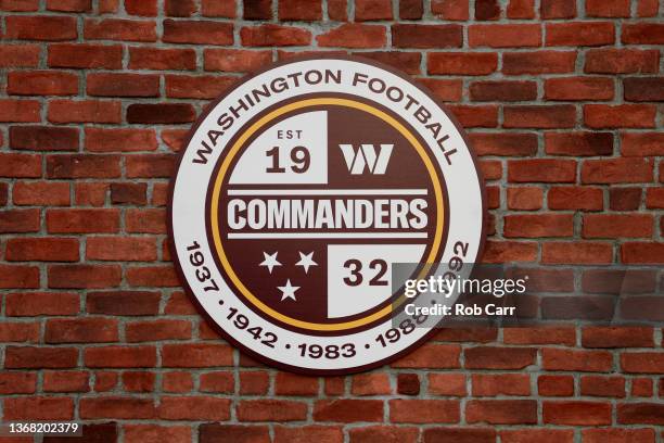 Detailed view of a Washington Commanders logo during the announcement of the Washington Football Team's name change to the Washington Commanders at...