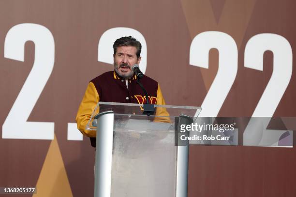 Team co-owner Dan Snyder speaks during the announcement of the Washington Football Team's name change to the Washington Commanders at FedExField on...