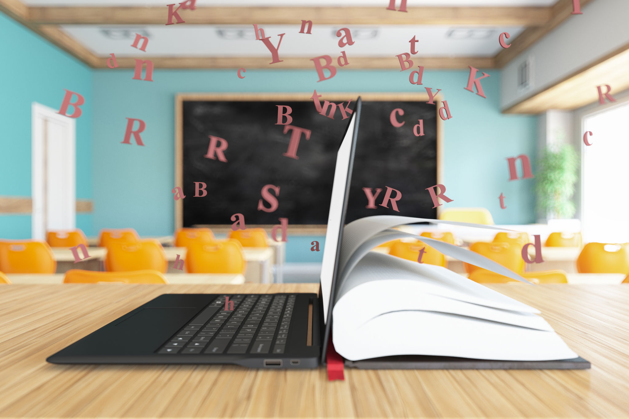 Open Magical Book with Flying Alphabet in a Classroom Open Magical Book with Flying Alphabet in a Classroom