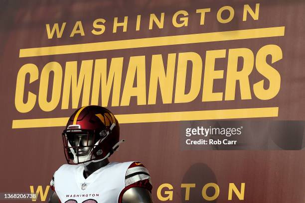 Detailed view of a Washington Commanders logo and new uniform during the announcement of the Washington Football Team's name change to the Washington...