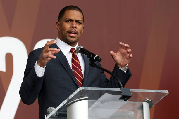 Team President Jason Wright speaks during the announcement of the Washington Football Team's name change to the Washington Commanders at FedExField...