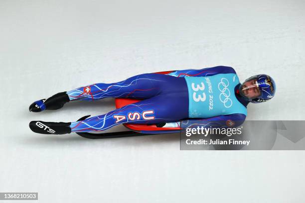 Chris Mazdzer of Team United States slides during the Men's Singles training run ahead of the Beijing 2022 Winter Olympic Games at National Sliding...