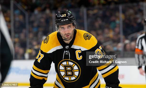 Patrice Bergeron of the Boston Bruins skates against the Seattle Kraken during the third period at the TD Garden on February 1, 2022 in Boston,...