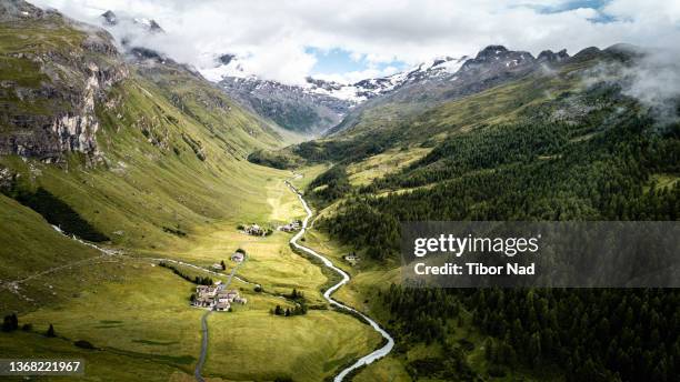 areal shot of green mountain valley in summer - engadin valley stockfoto's en -beelden