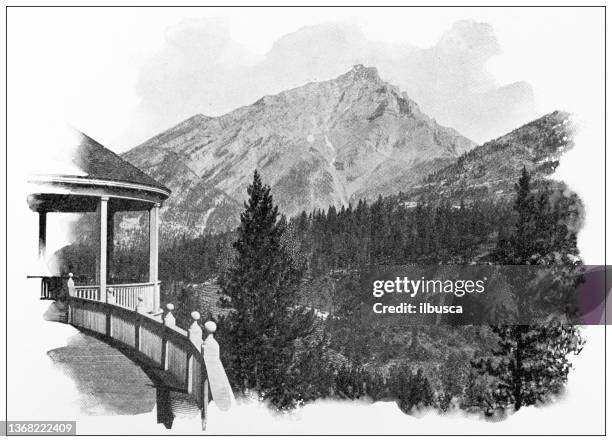 antique travel photographs of canada: banff - banff national park alberta canada stock illustrations