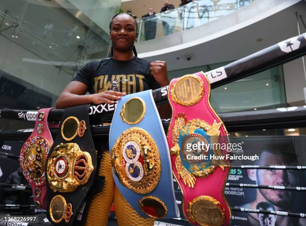 Claressa Shields of the USA posses with her Boxing belts ahead of the BOXXER Media Work Out ahead of his forthcoming fight with Slovenia's Ema Kozin,...
