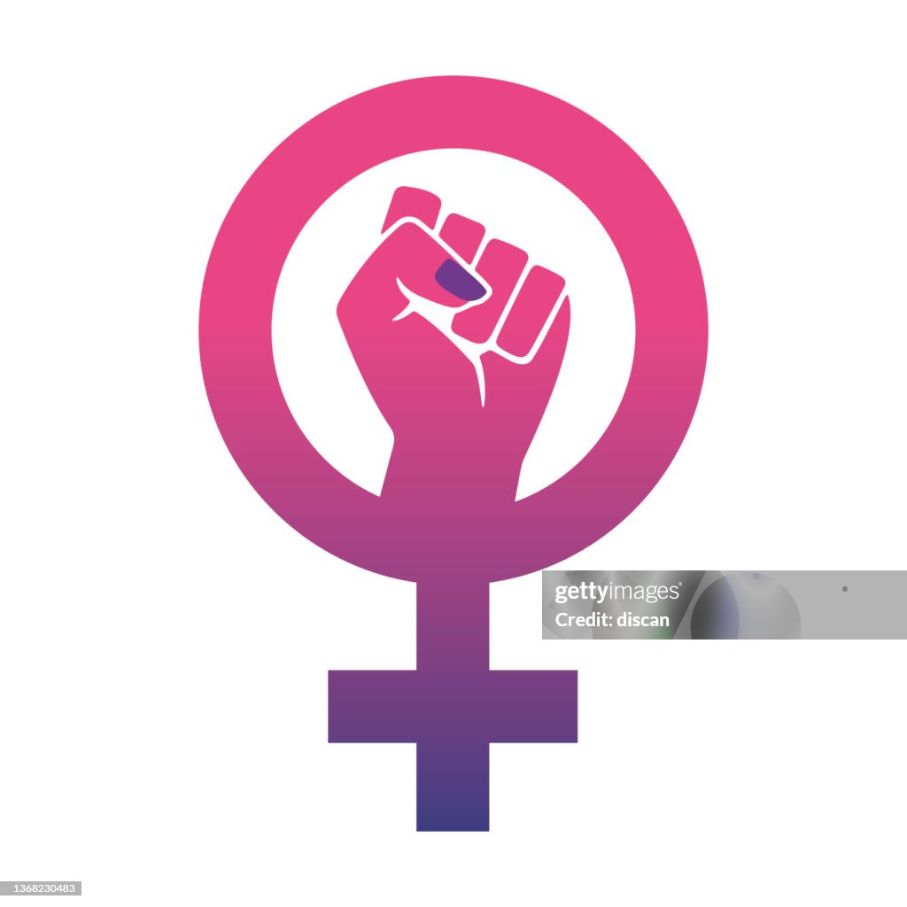 Dia Internacional da Mulher. Símbolo de mulher de rosa com um punho fechado dentro do símbolo.