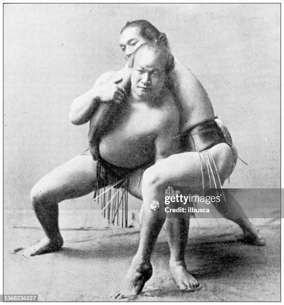 antique travel photographs of japan: sumo wrestling - sumo stock illustrations