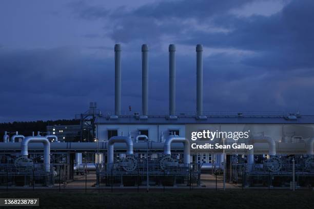 The receiving station for the Nord Stream 2 gas pipeline stands at twilight on February 02, 2022 near Lubmin, Germany. Nord Stream 2, which is owned...