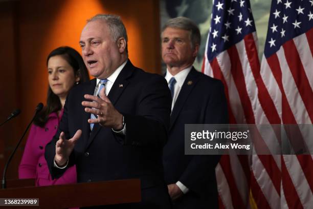 House Minority Whip Rep. Steve Scalise speaks as House Republican Conference Chair Rep. Elise Stefanik and Rep. Michael McCaul listen during a news...