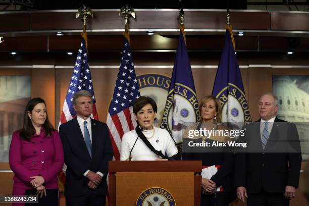 Rep. Young Kim speaks as House Republican Conference Chair Rep. Elise Stefanik , Rep. Michael McCaul , Rep Claudia Tenney and House Minority Whip...
