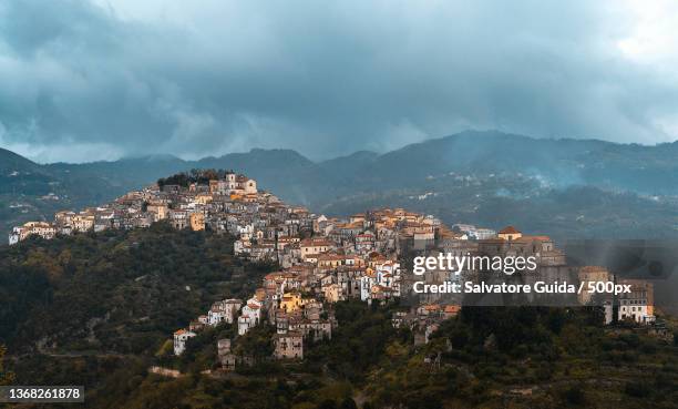 high angle view of townscape against sky,rivello,potenza,italy - basilicata region stock pictures, royalty-free photos & images