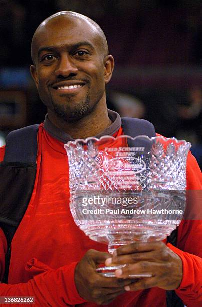 Allen Johnson, winner of the Fred Schmertz Outstanding Performer of the 2004 during the Verizon Millrose Games at Madison Square Garden, New York...