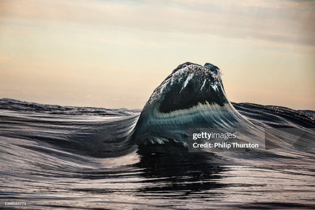 Close up of small wave peaking on oceans surface