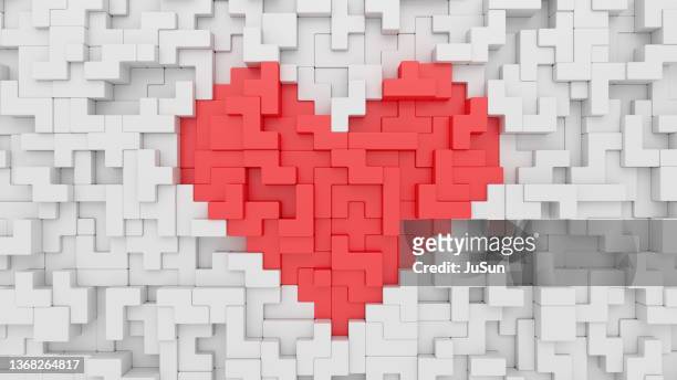 red heart shape on white background. construction with  various shapes blocks. valentines day and wedding celebration.  puzzle game. 3d rendering. - bridal background stock pictures, royalty-free photos & images