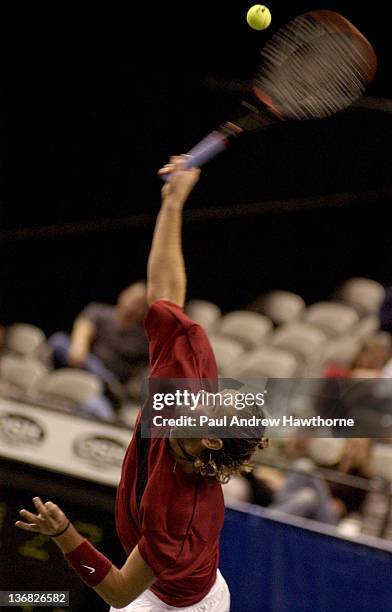 Mardy Fish hits a serve during his match with Hyung-Taik Lee of at the 2004 Siebel Open in San Jose, California, February 13, 2004. Fish won the...