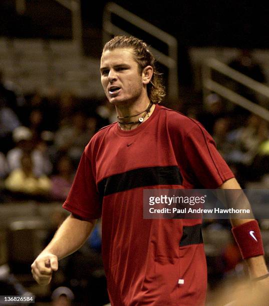 Mardy Fish is pumped after winning match point during his match with Hyung-Taik Lee of at the 2004 Siebel Open in San Jose, California, February 13,...