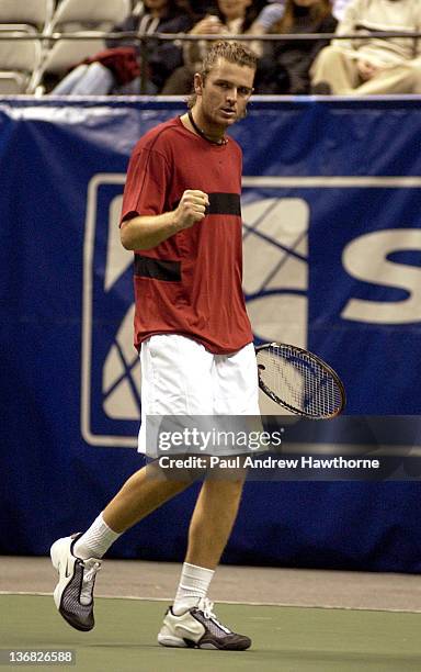 Mardy Fish pumps his fist after winning a point during his match with Hyung-Taik Lee of at the 2004 Siebel Open in San Jose, California, February 13,...