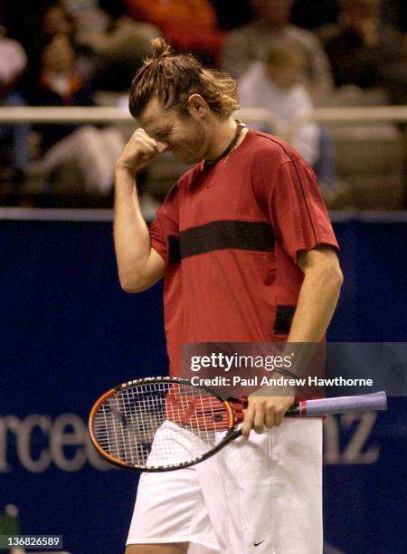 Mardy Fish reacts after missing an opportunity to close out game point in the final set during his match with Andre Agassi at the 2004 Siebel Open in...