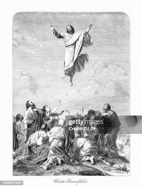 ascension of christ (acts 1), wood engraving, published in 1862 - jesus of nazareth stock illustrations