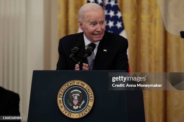 President Joe Biden gives remarks during a Cancer Moonshot initiative event in the East Room of the White House on February 02, 2022 in Washington,...