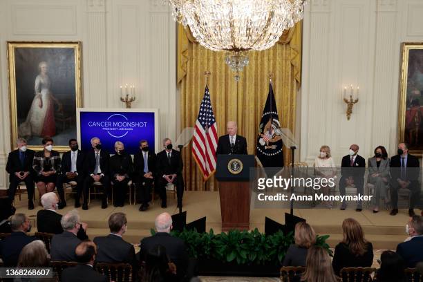 President Joe Biden gives remarks during a Cancer Moonshot initiative event in the East Room of the White House on February 02, 2022 in Washington,...