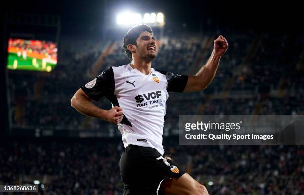 Goncalo Guedes of Valencia CF celebrates after scoring their side's first goal during the Copa del Quarter Final match between Valencia CF and Cadiz...