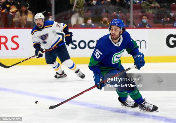 Justin Bailey of the Vancouver Canucks skates up ice during their NHL game against the St. Louis Blues at Rogers Arena January 23, 2022 in Vancouver,...