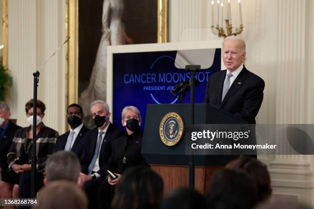 President Joe Biden gives remarks during a Cancer Moonshot initiative event in the East Room of the White House on February 02, 2022 in Washington,...