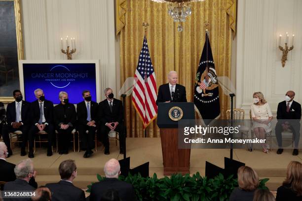 President Joe Biden gives remarks during a Cancer Moonshot initiative event in the East Room of the White House on February 02, 2022 in Washington,...