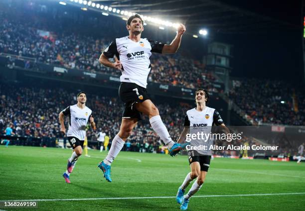 Goncalo Guedes of Valencia CF celebrates after scoring goal during the Copa del Rey Round of 8 match between Valencia CF and Cadiz CF at Estadio...