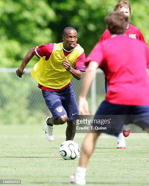 DeMarcus Beasley makes a move in the final training session at the camp at SAS Park, in Cary, North Carolina on May 21 2006.