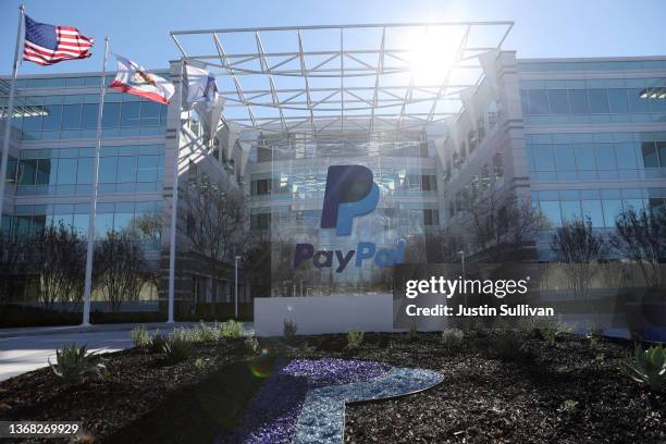 Sign is posted in front of PayPal headquarters on February 02, 2022 in San Jose, California. PayPal stock fell over 25 percent after the company...