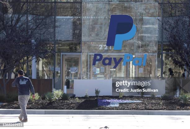 Sign is posted in front of PayPal headquarters on February 02, 2022 in San Jose, California. PayPal stock fell over 25 percent after the company...