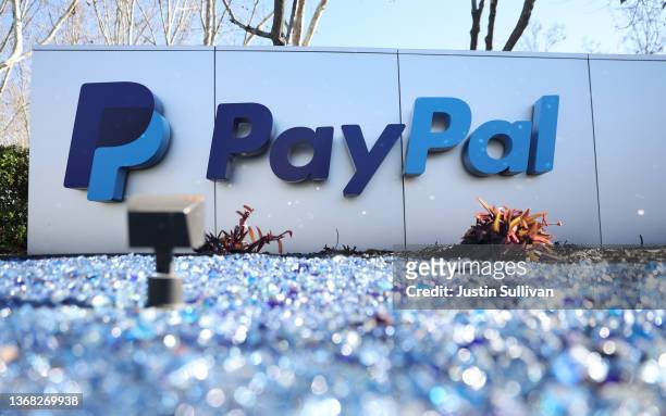Sign is posted in front of PayPal headquarters on February 02, 2022 in San Jose, California. PayPal stock fell over 25 percent after the company...
