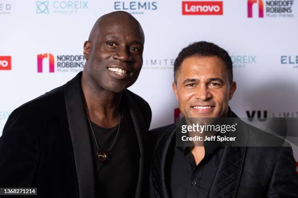 Martin Offiah and Jason Robinson attend the Legends Of Rugby Dinner 2022 in aid of Nordoff Robbins at The Grosvenor House Hotel on February 02, 2022...
