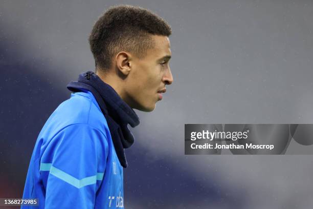 Salim Ben Seghir of Olympique De Marseille looks on during the warm up prior to the Ligue 1 Uber Eats match between Lyon and Marseille at Groupama...