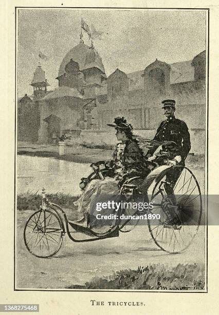 tricycle taxi used at the paris, exposition universelle 1889, victorian 19th century - trishaw stock illustrations